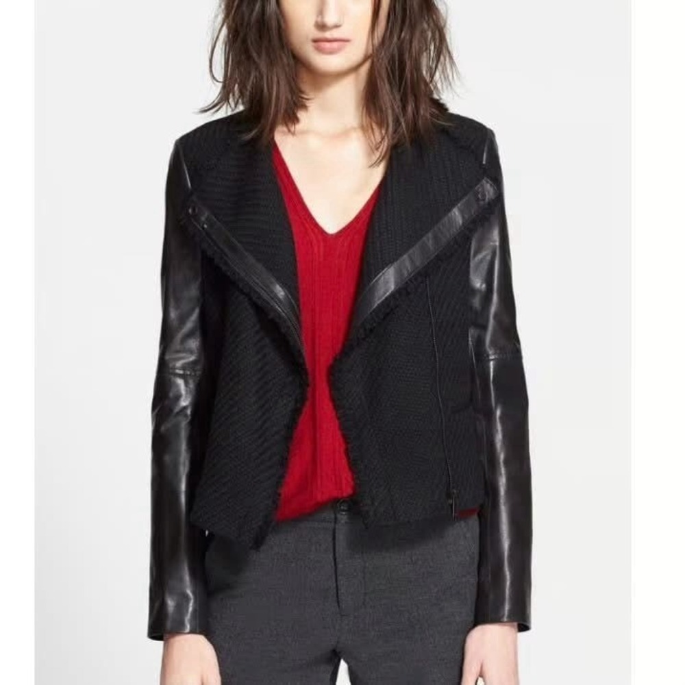 Vince Black Wool Tweed‎ Leather Sleeves Zip Moto Motorcycle Jacket Coat L